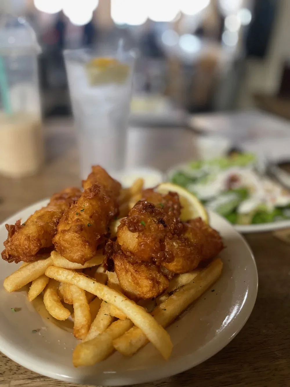 Beer-battered Pacific cod fish fry with fries and slaw at Castle Rock