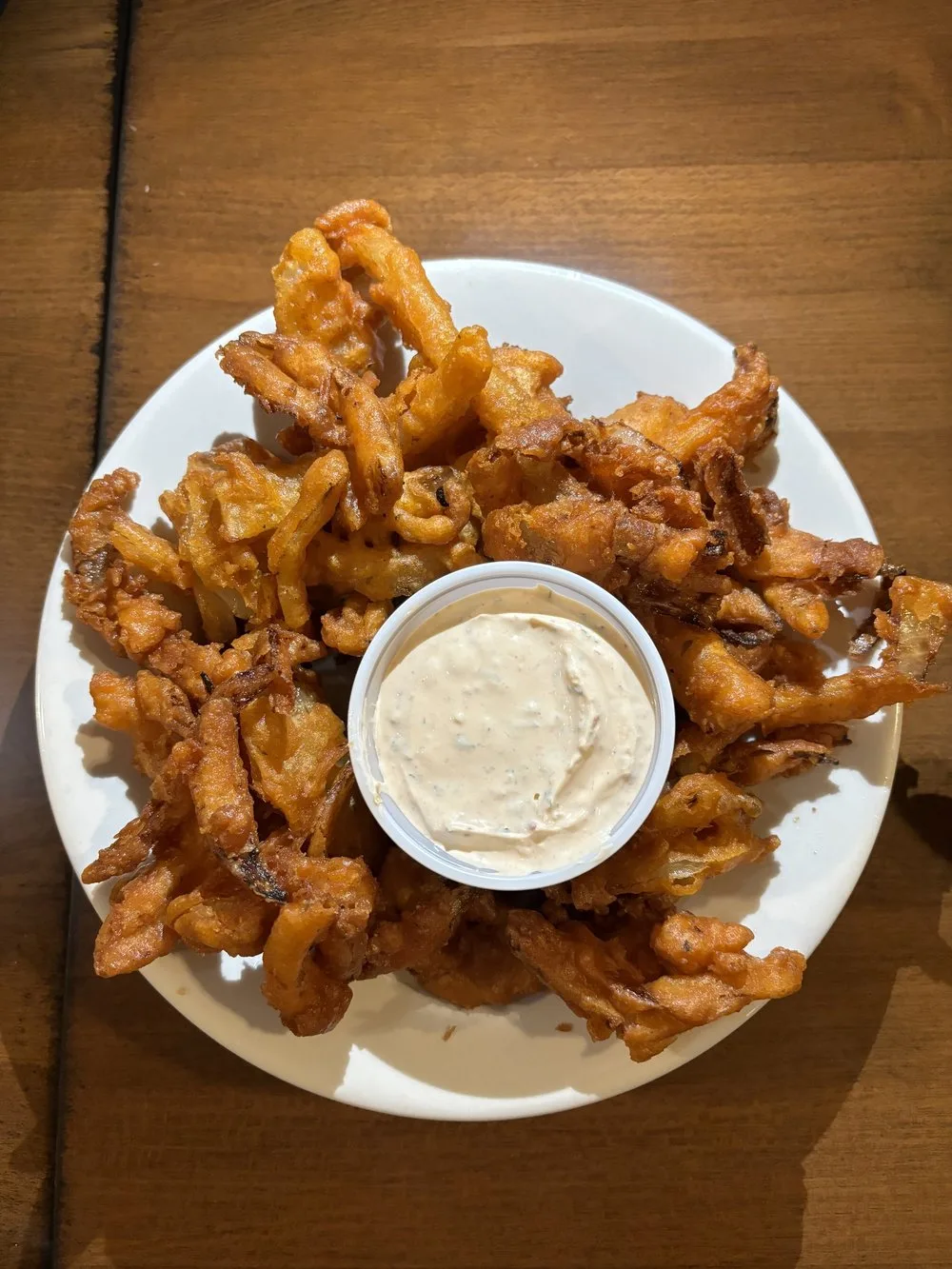 Basket of crispy onion straws with house dipping sauce