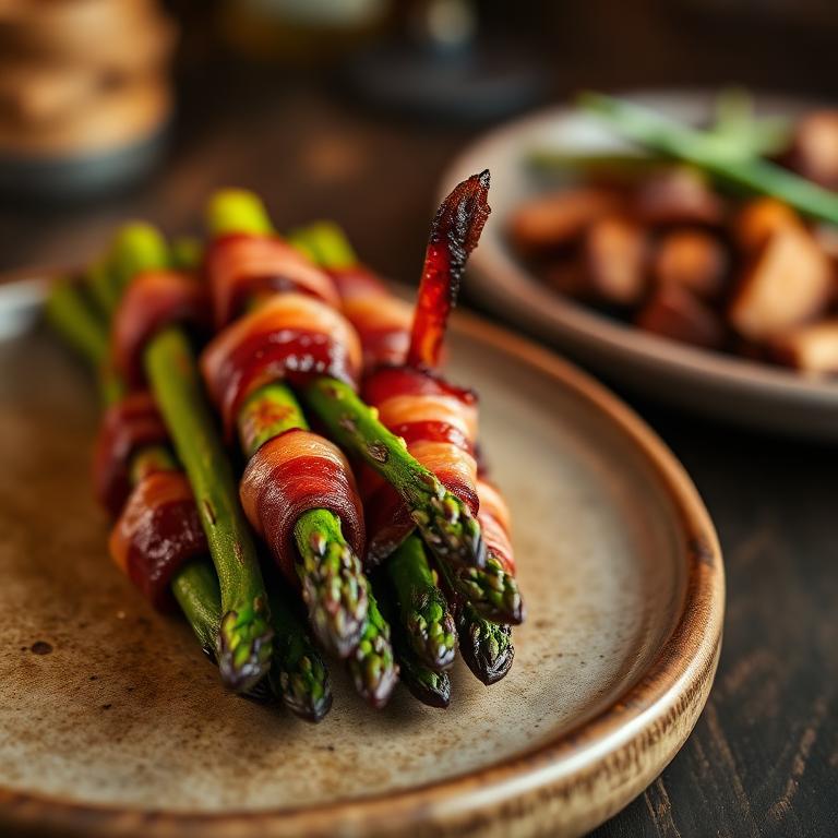 Bacon wrapped asparagus spears with crisp bacon and charred tips