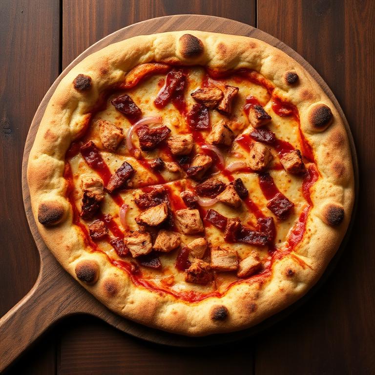 BBQ chicken pizza with bacon, red onion and bbq sauce drizzle