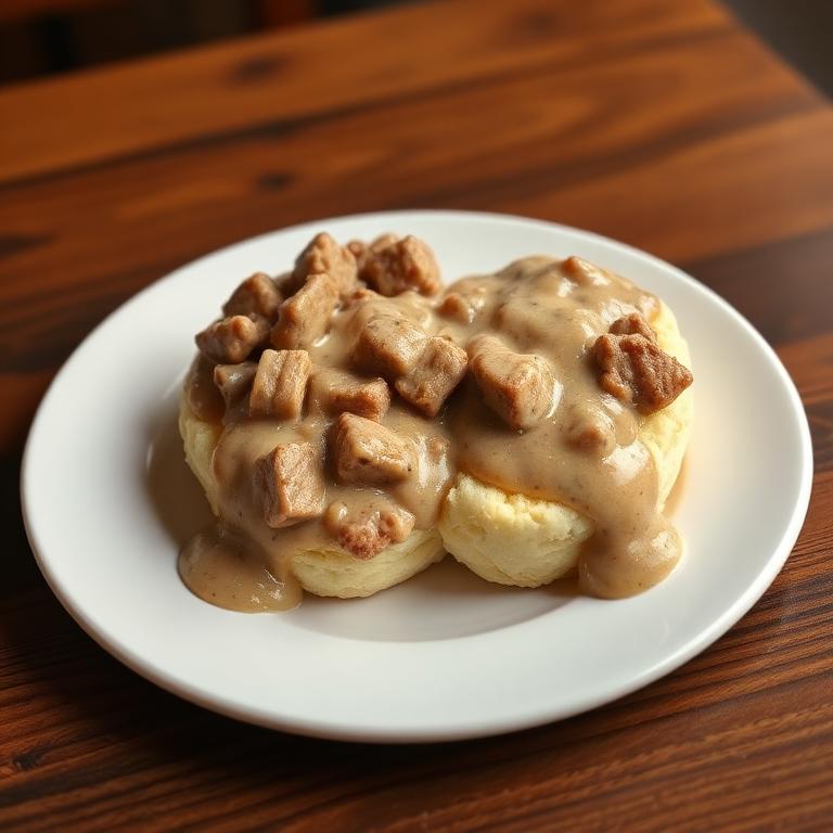 Buttermilk biscuits smothered in peppered sausage gravy