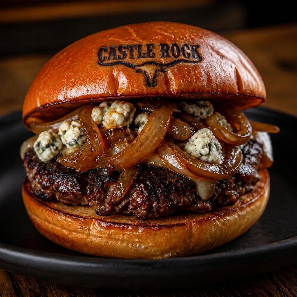 Black and blue burger with blue cheese crumbles and caramelized onions