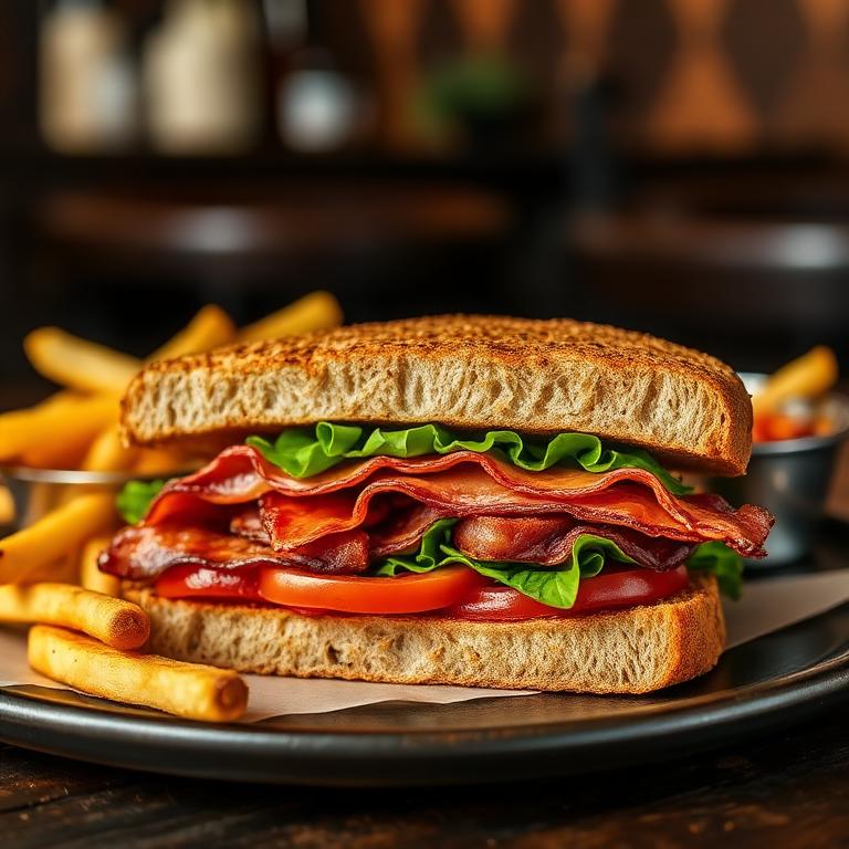 BLT on toasted sourdough with bacon, lettuce, tomato and fries