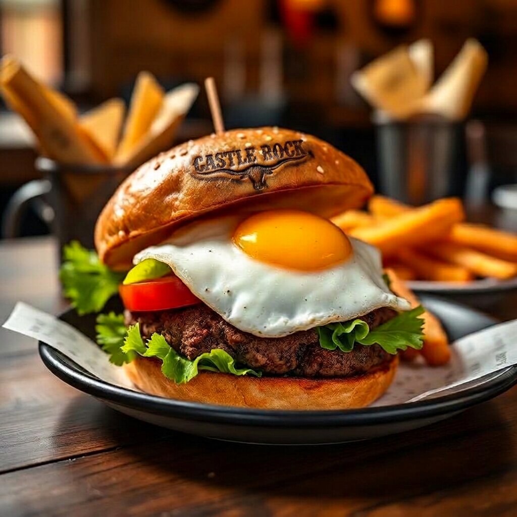 Breakfast burger with fried egg, lettuce and tomato on a toasted bun