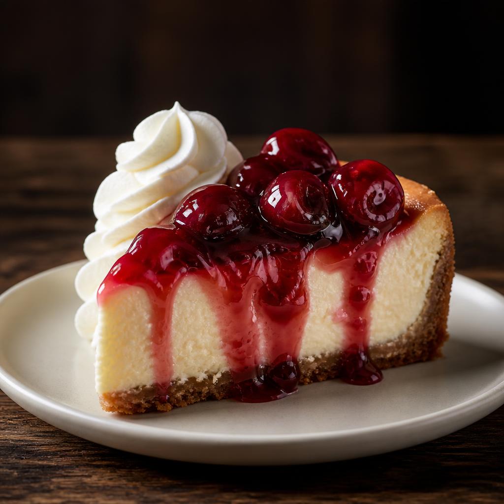 Cherry jubilee cheesecake slice with cherry topping and whipped cream