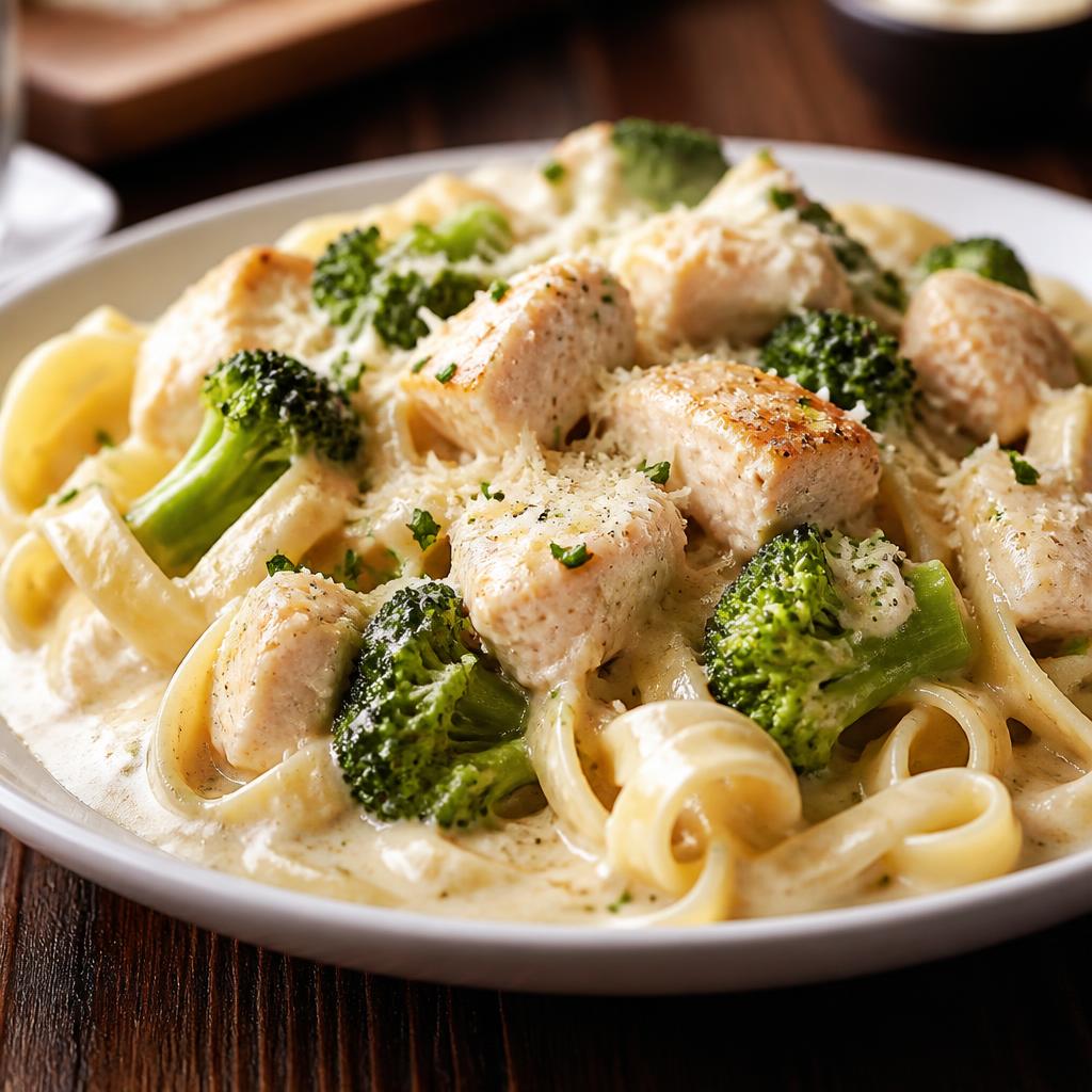 Broccoli chicken alfredo over fresh pasta with parmesan