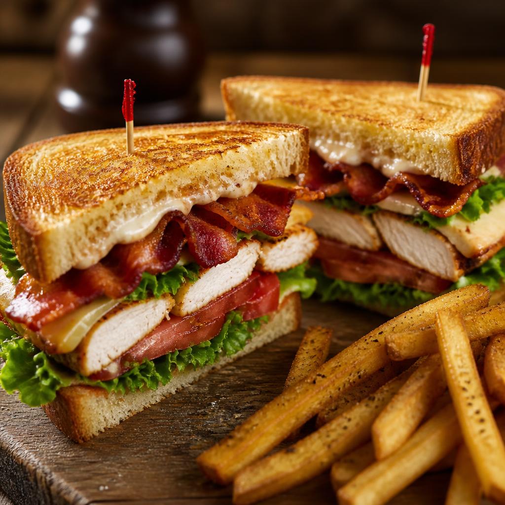 Crispy chicken club sandwich with bacon, lettuce and tomato