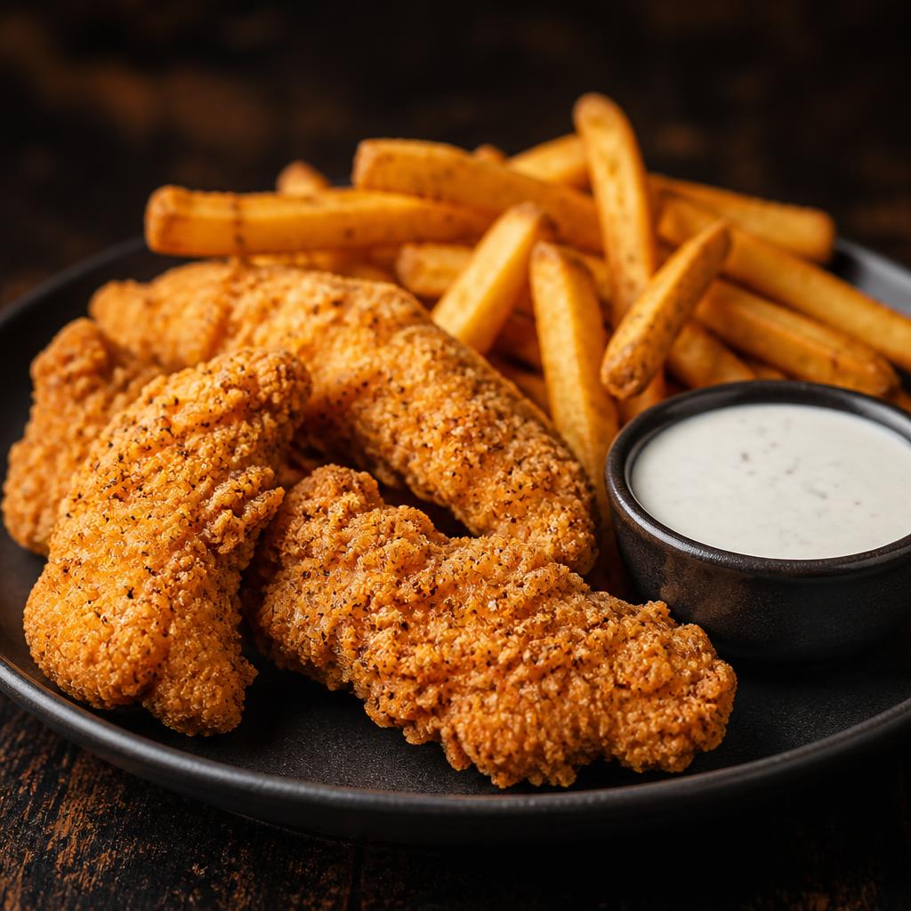 Hand-breaded chicken strips with seasoned fries and house ranch