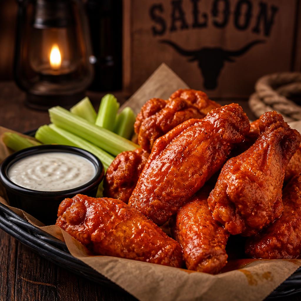 Saucy chicken wings with celery, carrots and ranch