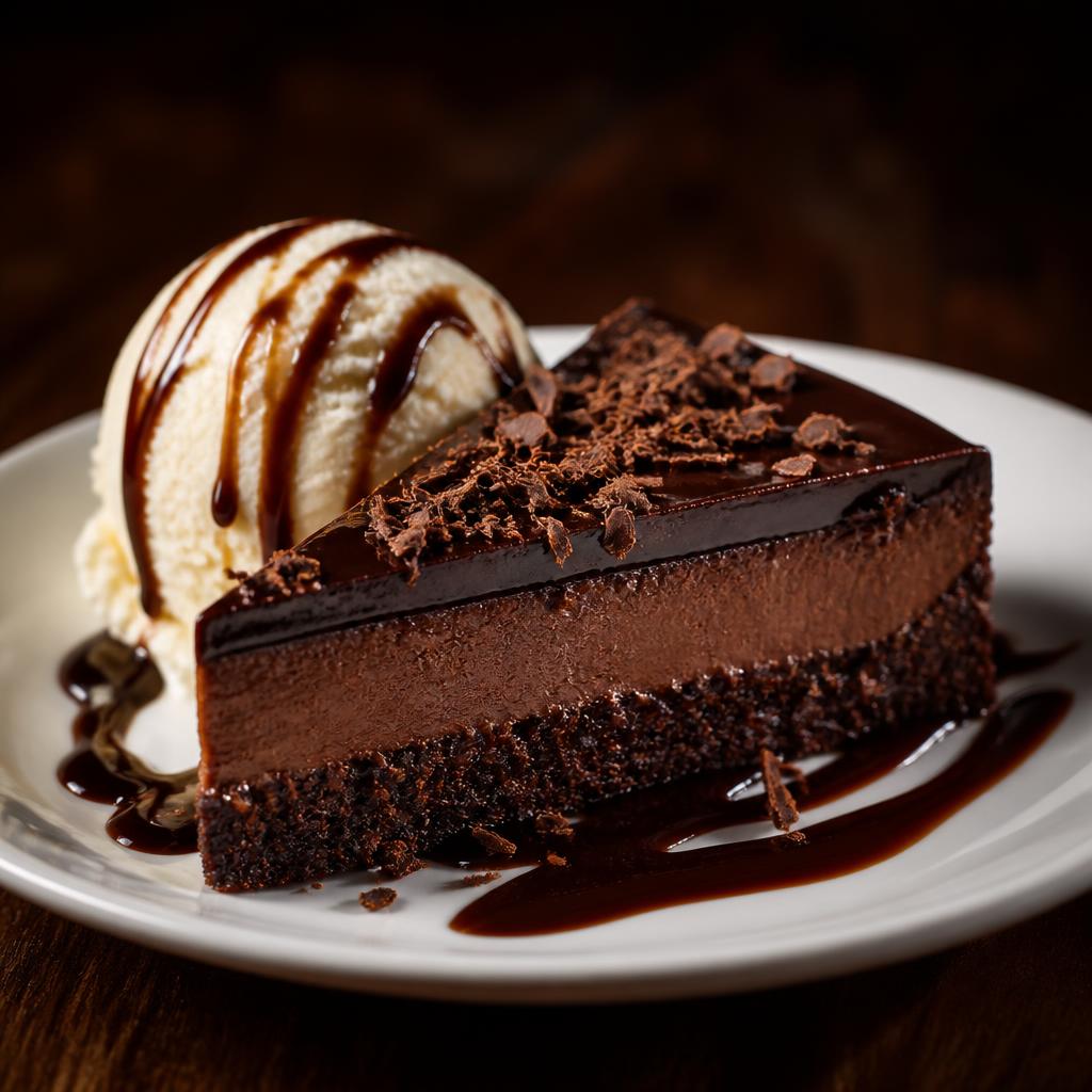 Dutch chocolate torte slice with vanilla bean ice cream and chocolate sauce