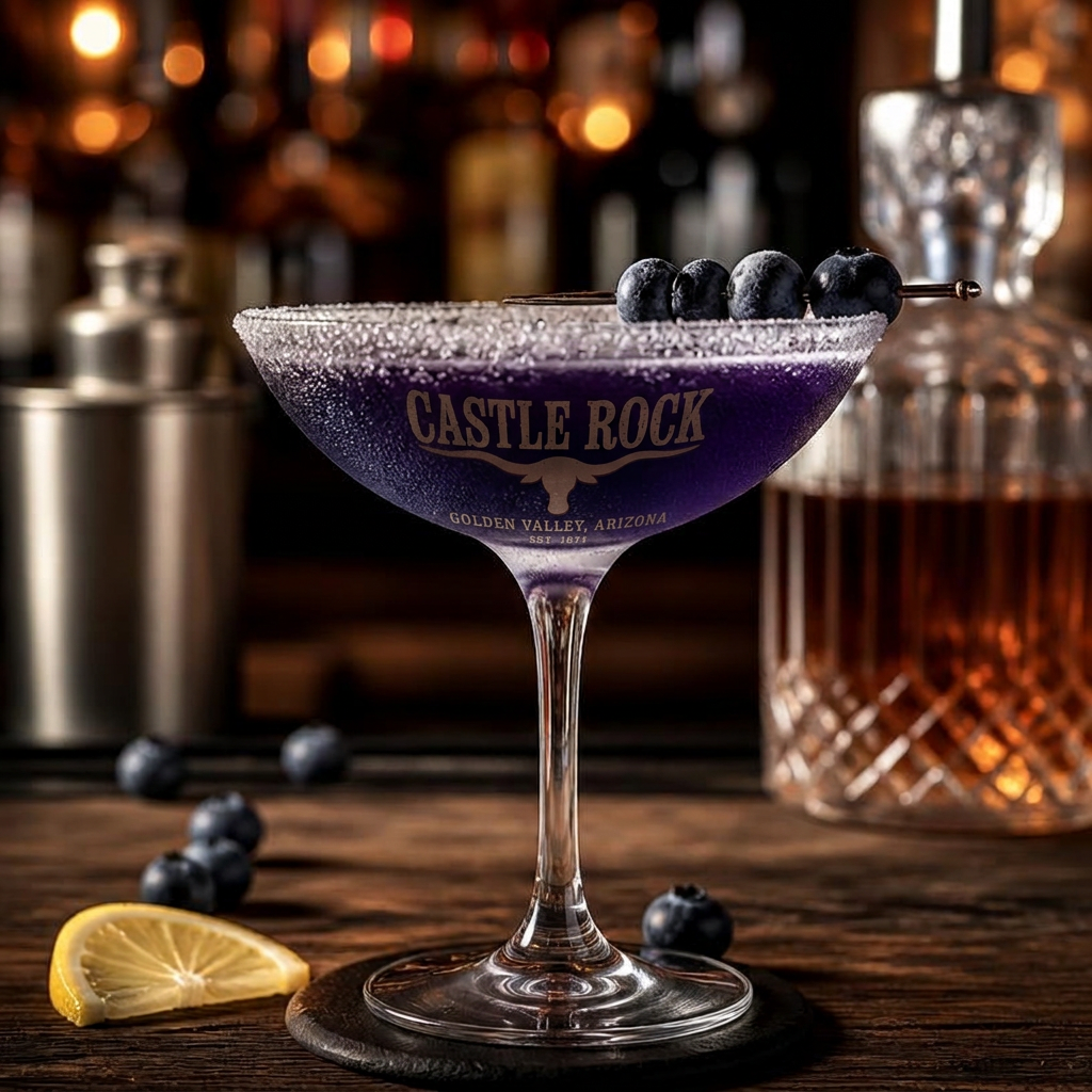 Blueberry Lemon Drop cocktail at Castle Rock — Shaken and sugar-rimmed.