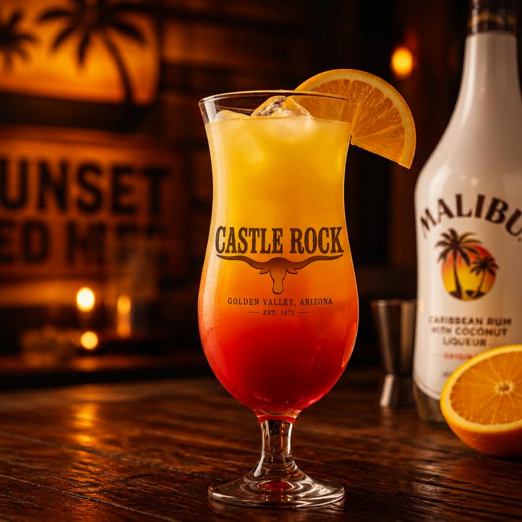 Castle Rock Sunset cocktail at Castle Rock — Malibu, orange juice, pineapple juice and grenadine, orange slice.