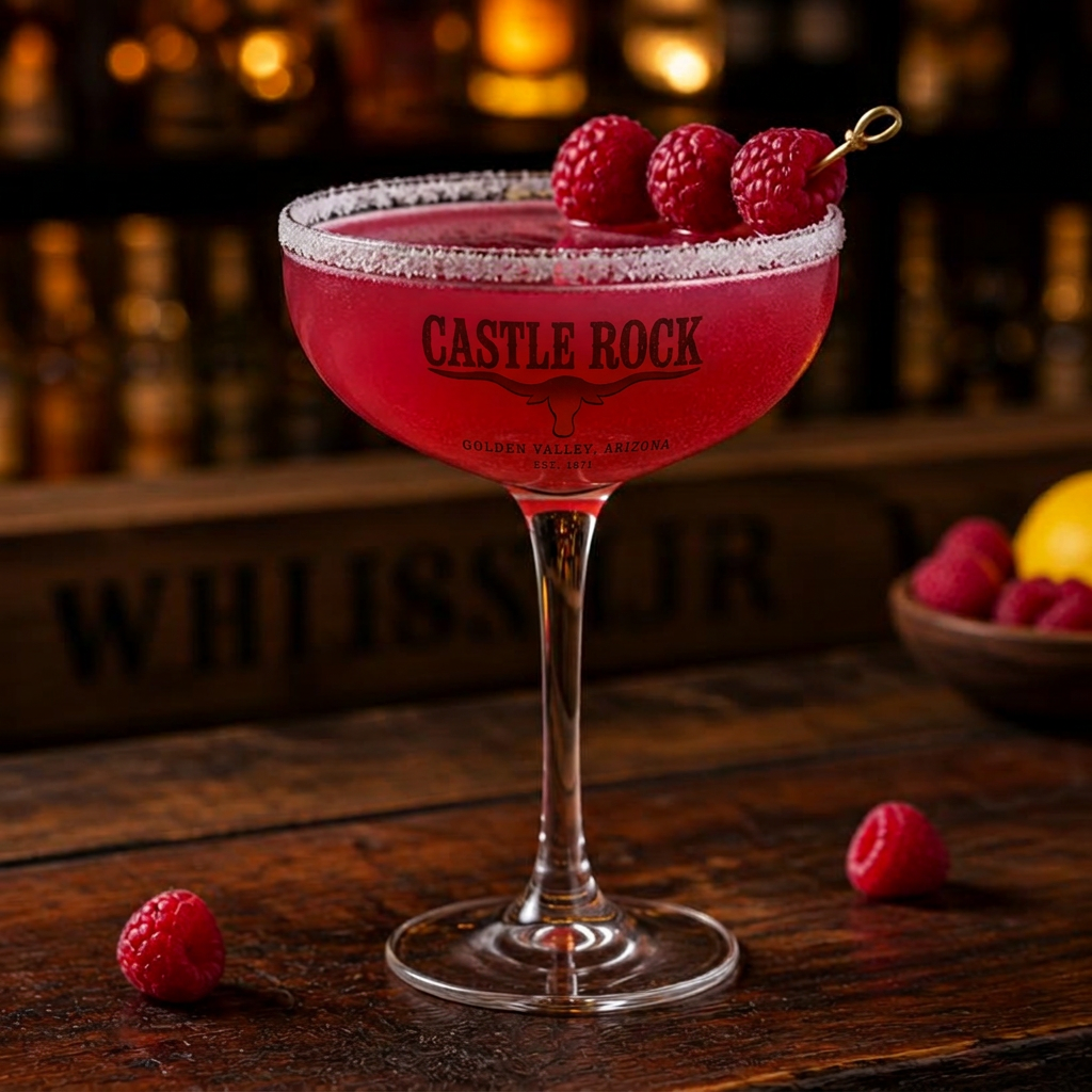 Raspberry Lemon Drop cocktail at Castle Rock — Shaken and sugar-rimmed.