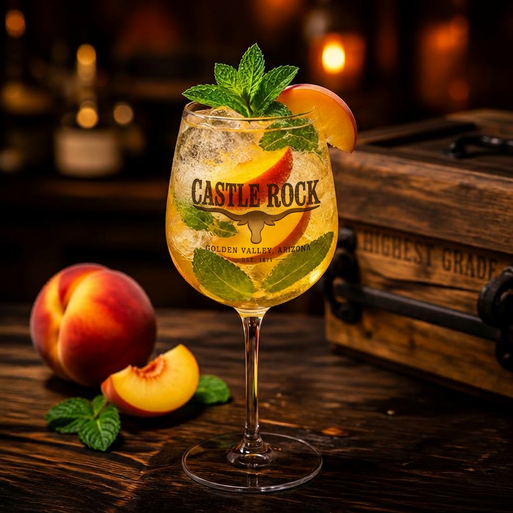 White Peach Sangria cocktail at Castle Rock — Pinot Grigio base.
