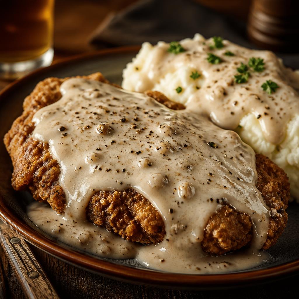 Country fried steak smothered in peppered white gravy with mashed potatoes