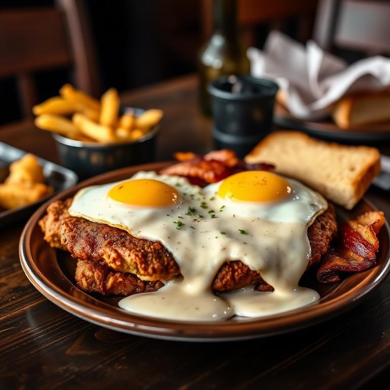 Country fried steak with white gravy, two eggs, bacon, home fries and toast