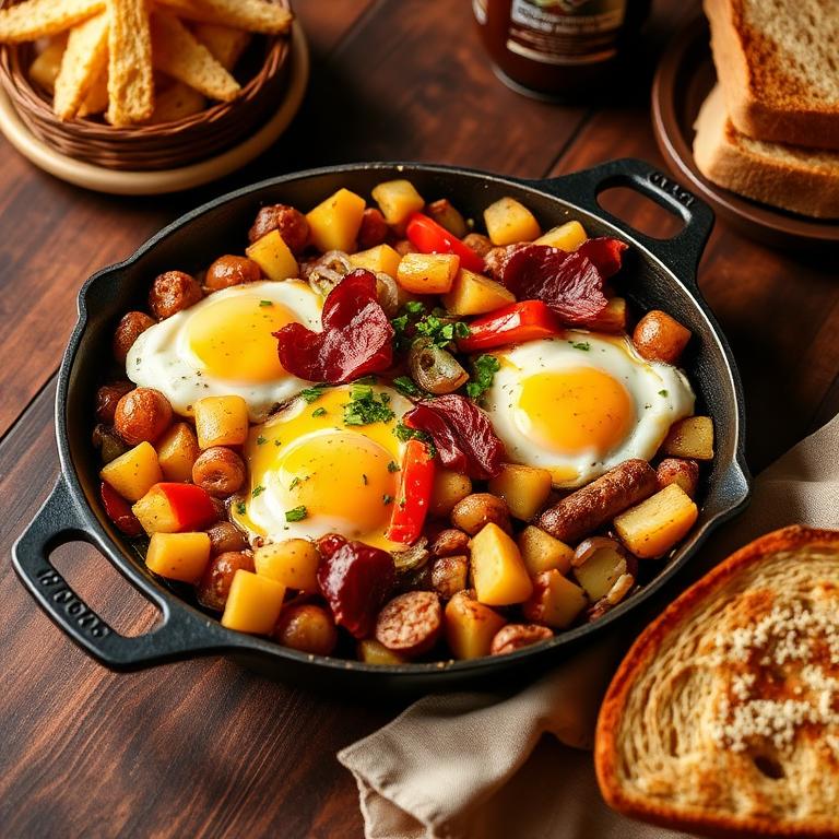 Cast iron country breakfast skillet with potatoes, bacon, sausage, peppers and eggs
