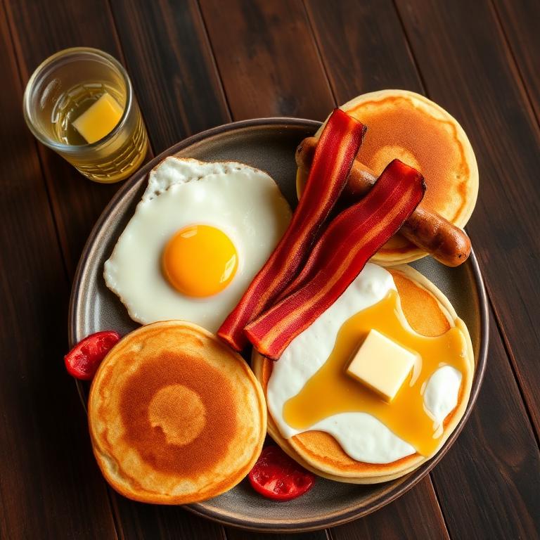 Cowboy Plate breakfast with two eggs, bacon, sausage links and pancakes