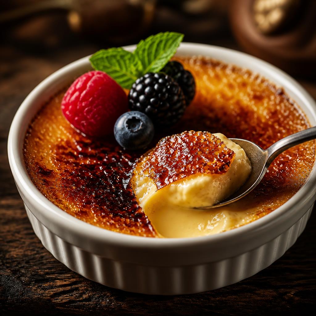 Vanilla bean crème brûlée with caramelized sugar top and fresh berries