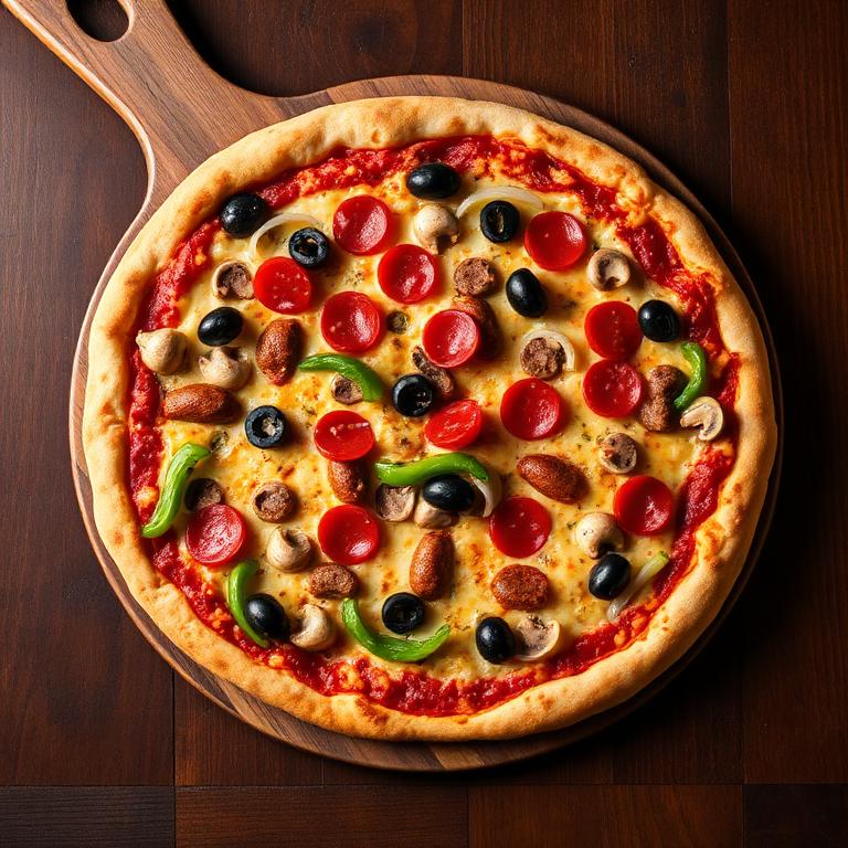 Deluxe supreme pizza with pepperoni, sausage, mushrooms, peppers, olives and onions