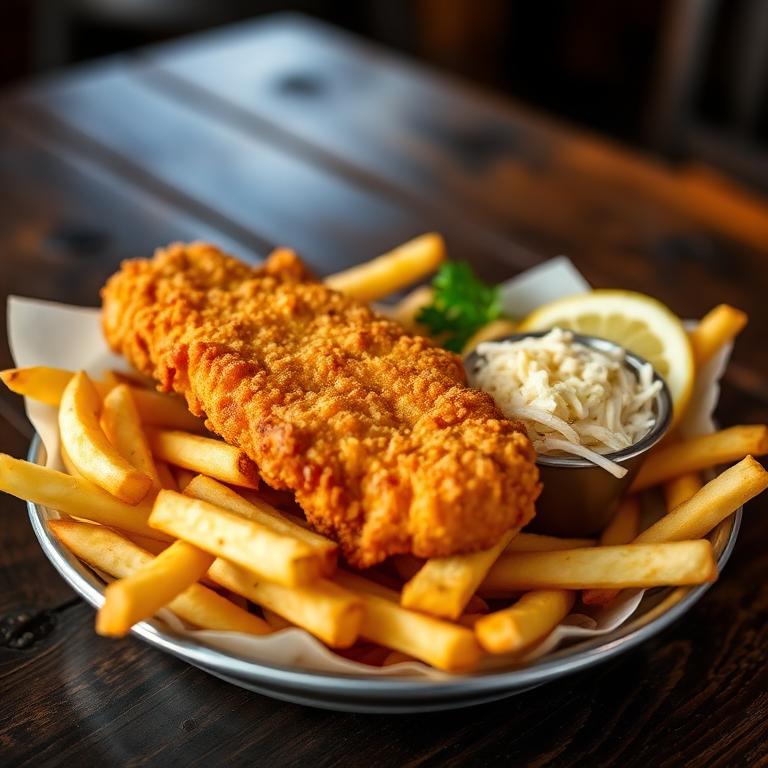 Beer-battered cod fish fry with golden fries, slaw and lemon
