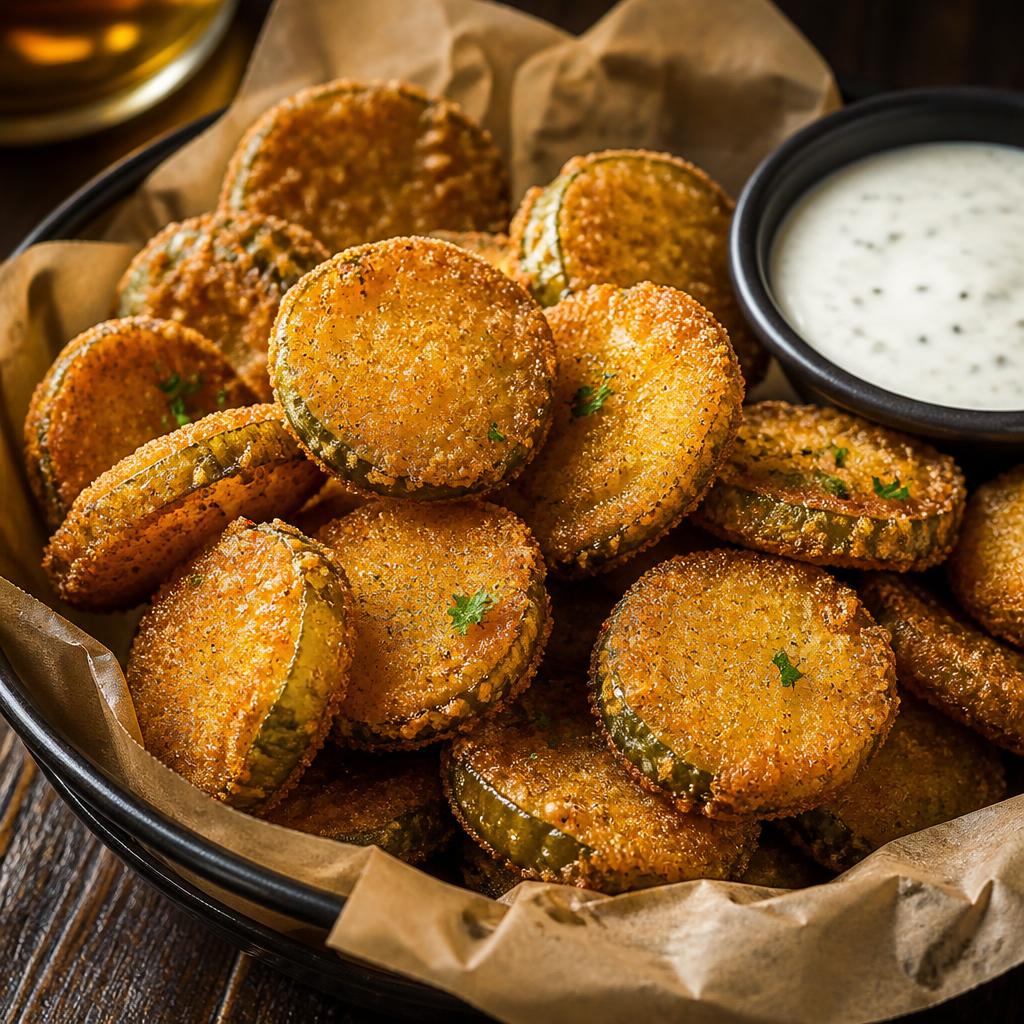 Crispy hand-breaded fried pickle chips with dipping sauce