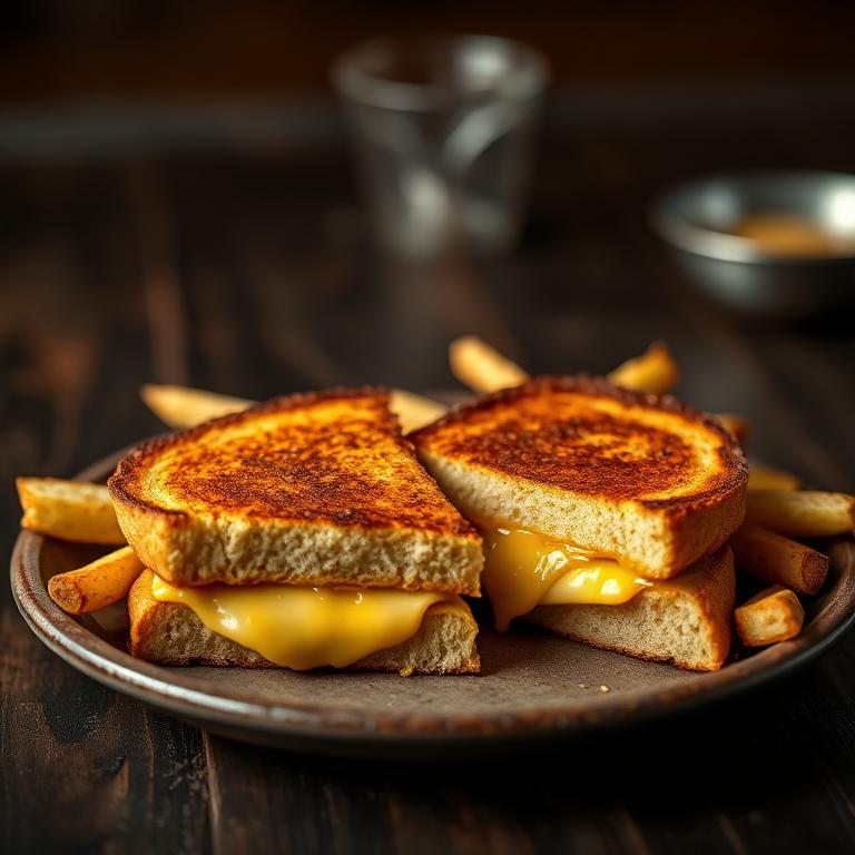 Golden grilled cheese sandwich with melty cheese and fries
