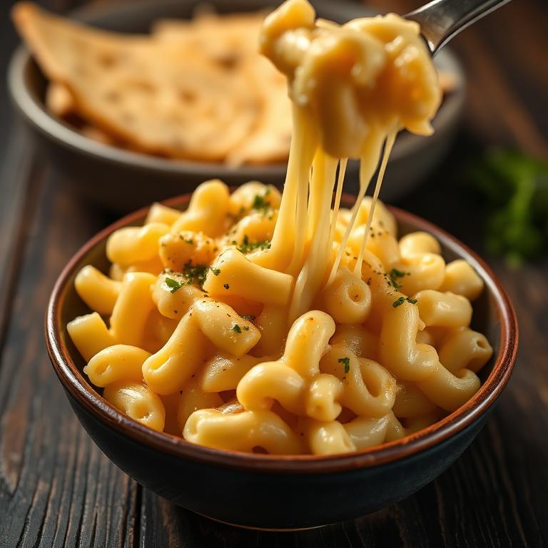 Bowl of creamy macaroni and cheese with a cheese pull