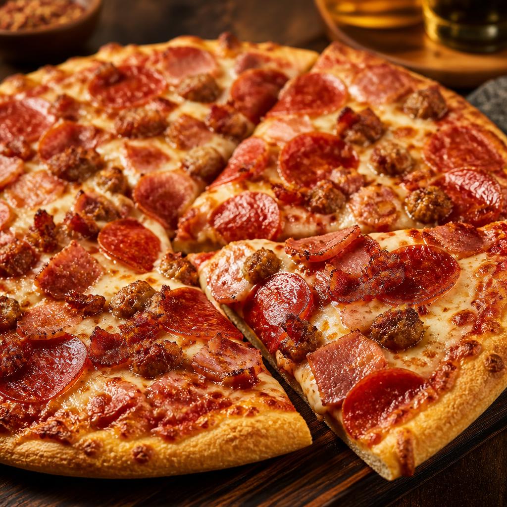 Hand-tossed meat lovers pizza with pepperoni, sausage, ham and bacon