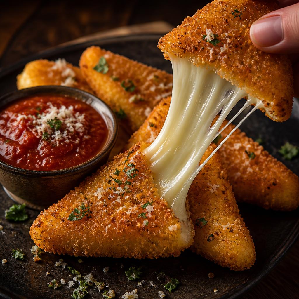 Golden breaded mozzarella triangles with marinara dipping sauce