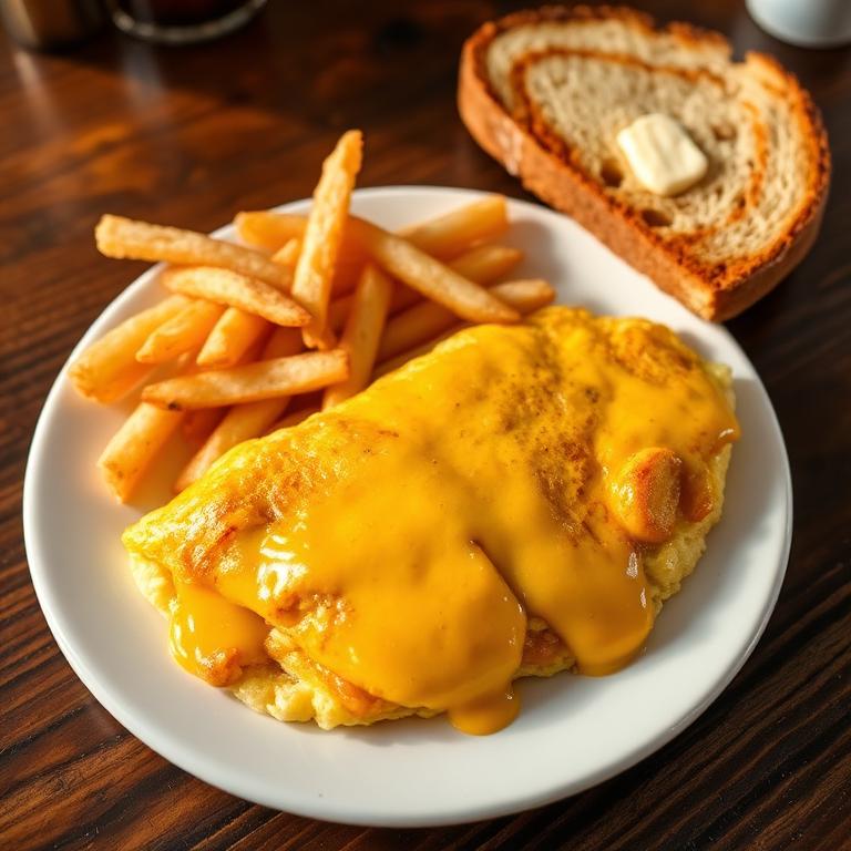 Four egg omelet with melted cheese, home fries and toast