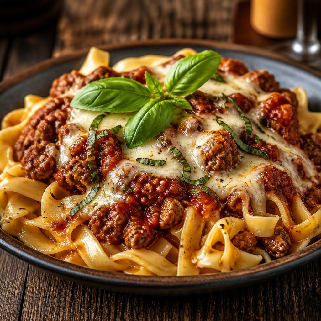 Meaty pasta marinara with melted mozzarella over fresh pasta