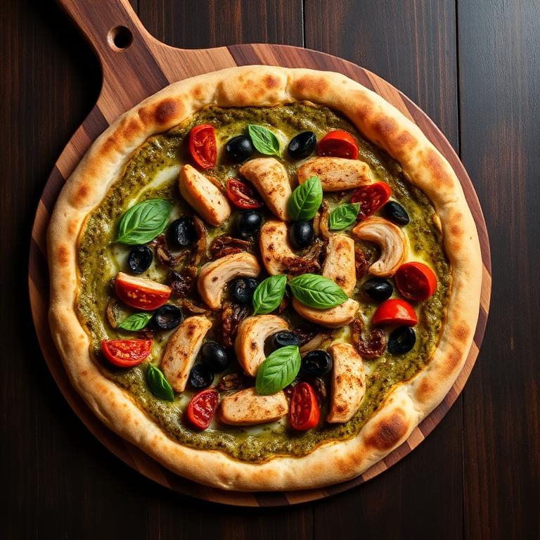 Pesto pizza with chicken, olives, sun-dried tomatoes and basil