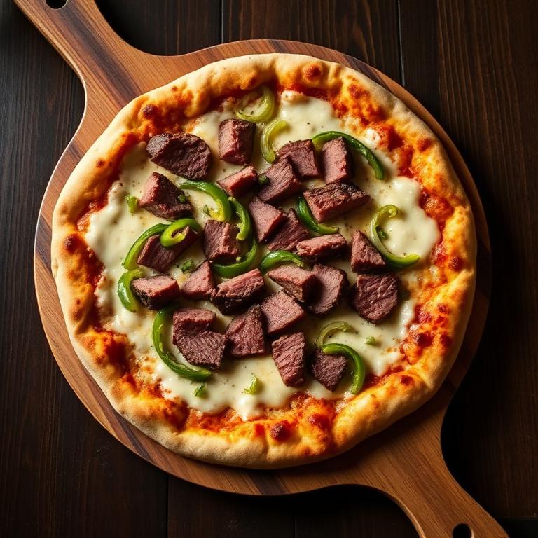 Philly pizza with alfredo sauce, prime rib, peppers and onions