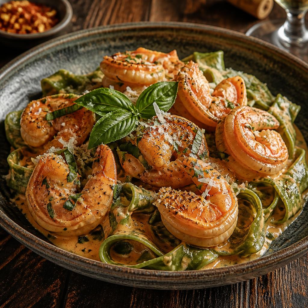 Butter shrimp in vodka sauce over handmade spinach pasta