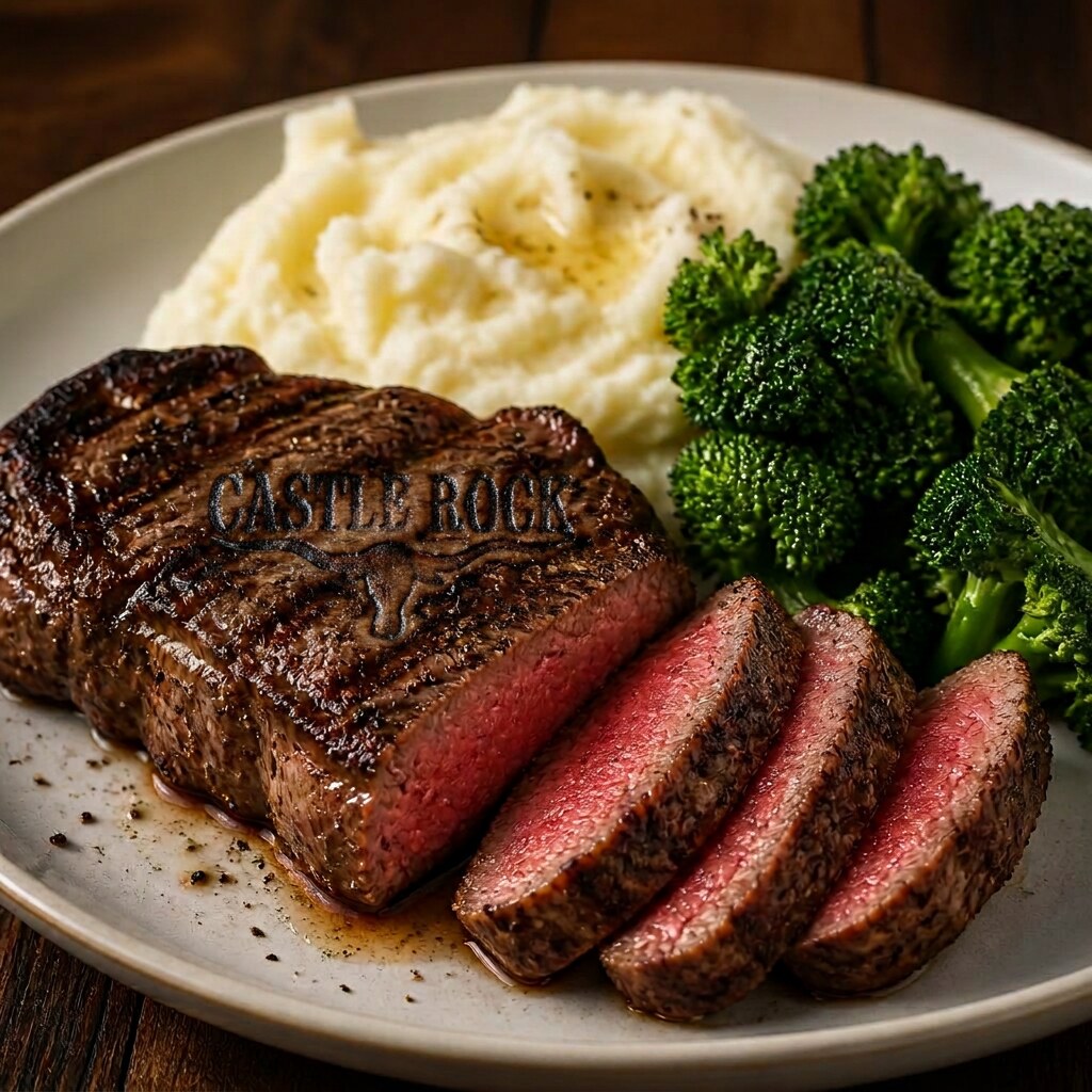 Grilled 8 oz sirloin sliced medium-rare with mashed potatoes and broccoli
