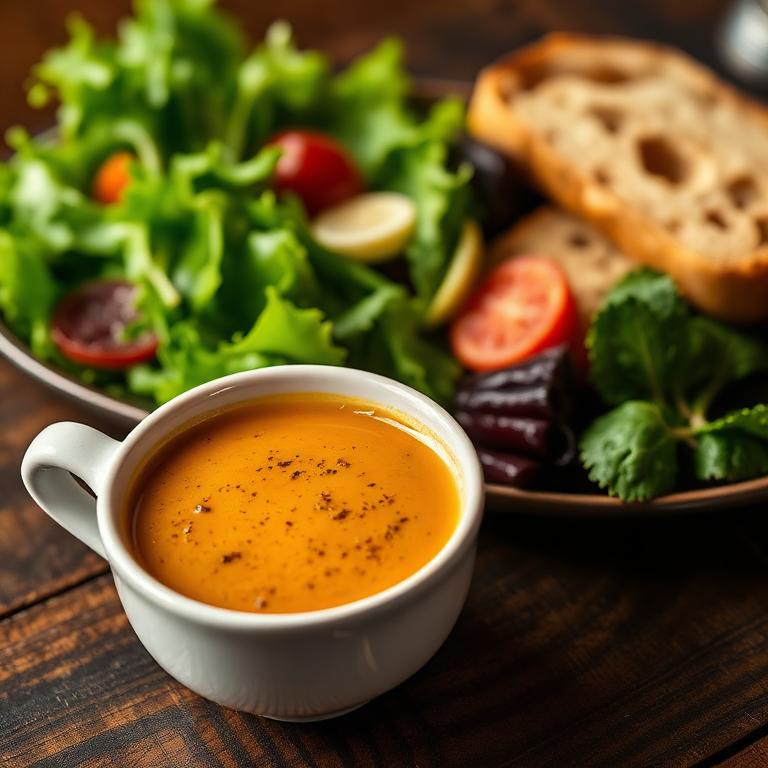Cup of soup with a half green salad and fresh bread