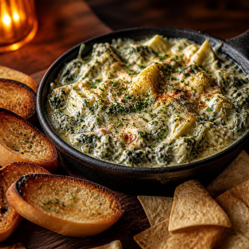 Creamy baked spinach dip served warm with chips