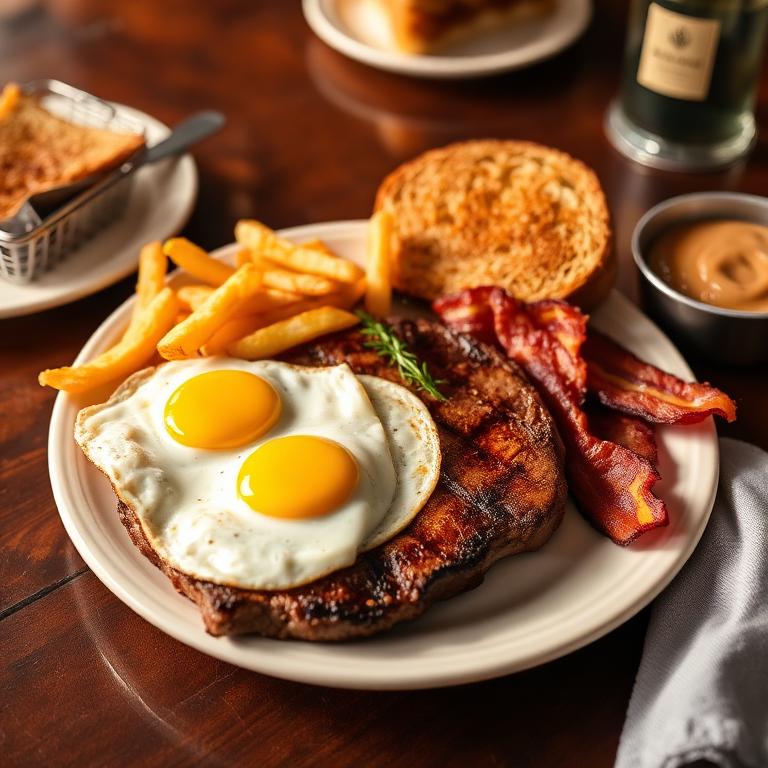Sirloin steak and eggs with bacon, home fries and toast