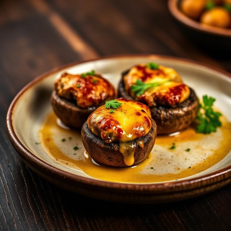 Sausage and cheese stuffed mushroom caps broiled golden