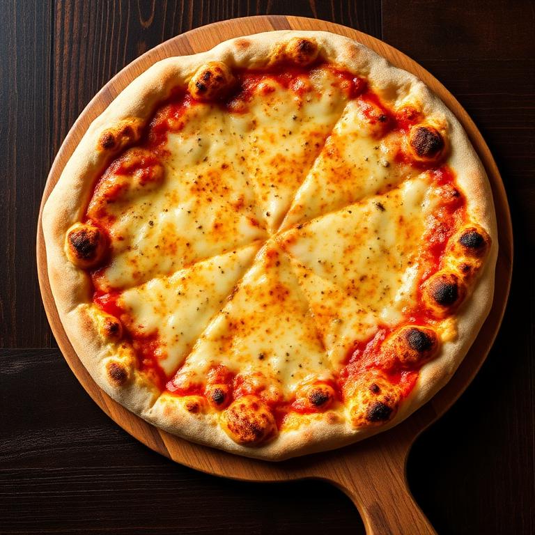 Hand-tossed three cheese pizza with bubbling golden mozzarella