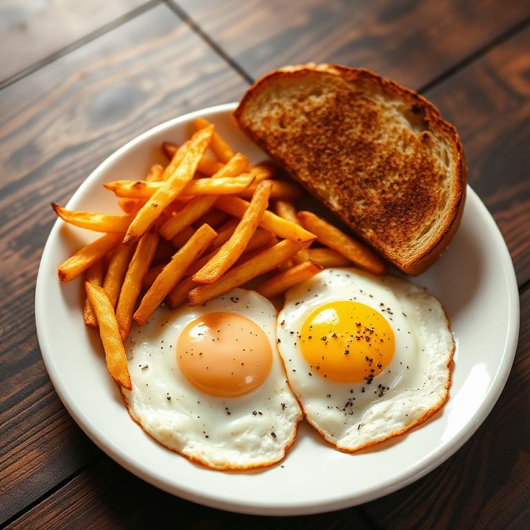 Two eggs cooked to order with home fries and buttered toast