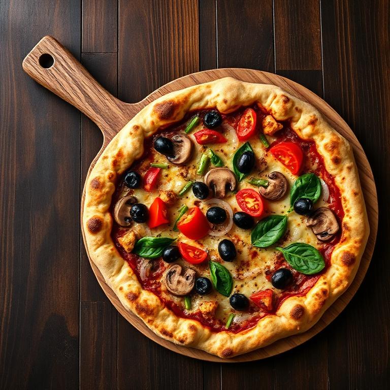 Hand-tossed veggie pizza with mushrooms, peppers, tomatoes, olives and spinach
