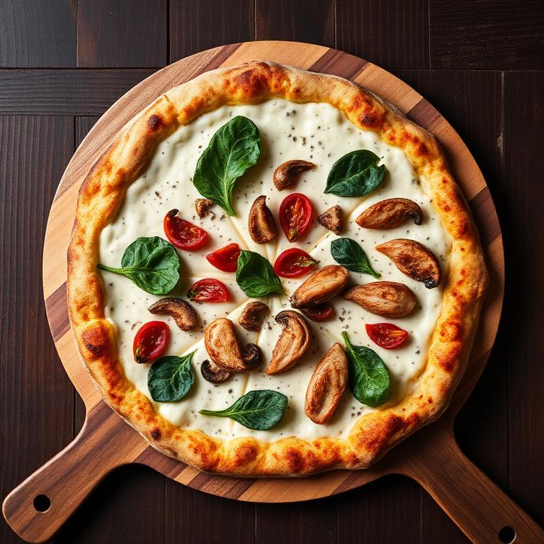 White pizza with spinach, mushrooms, sun-dried tomatoes and chicken